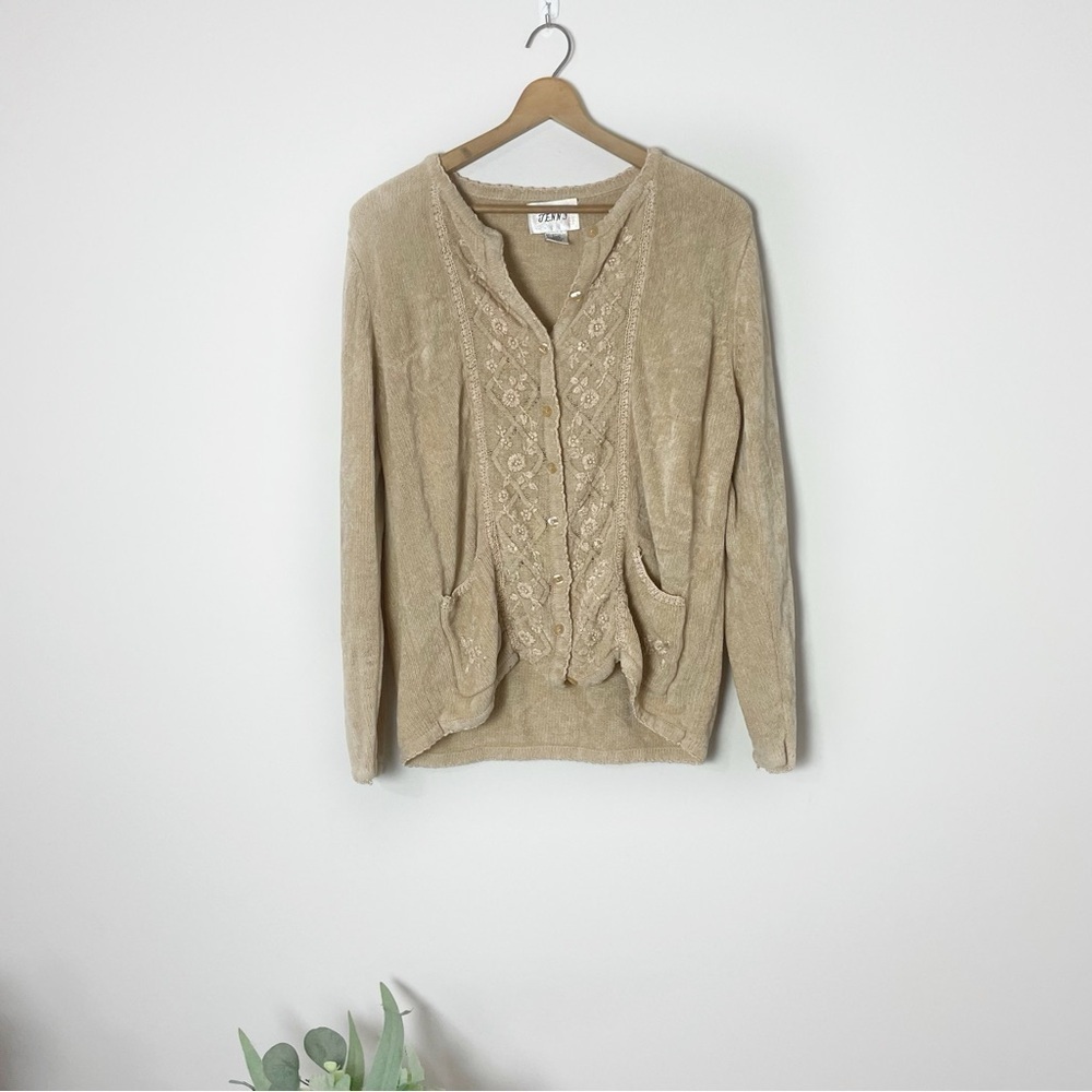 Vintage Women's Tan Chenille Embroidered Floral  Button Down Cardigan Sweater